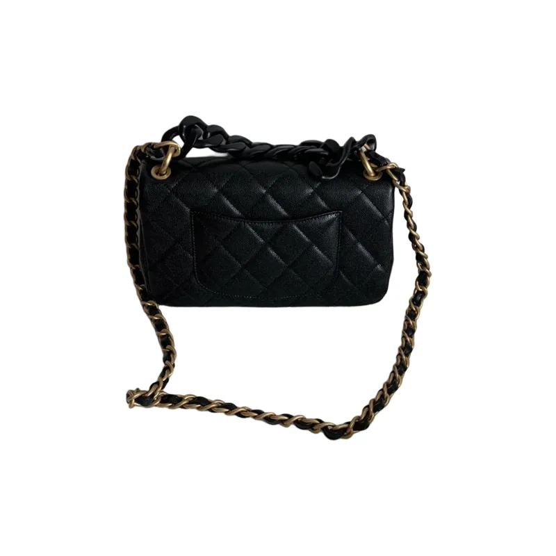 CHANEL Grain Embossed Litchi Grain Cow Leather Mini Square Flap Bag, Shoulder Bag, Crossbody Bag Tubas Women's Black-1