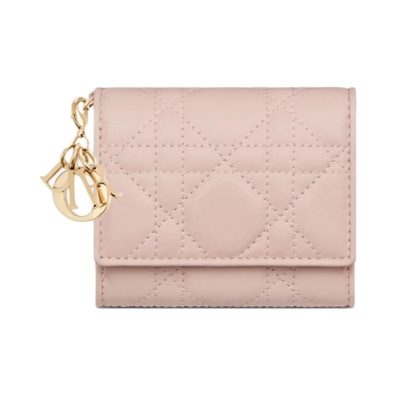 DIOR Lady Dior Soft Lambskin Handheld Card Holder Wallet Women's Light Pink-0