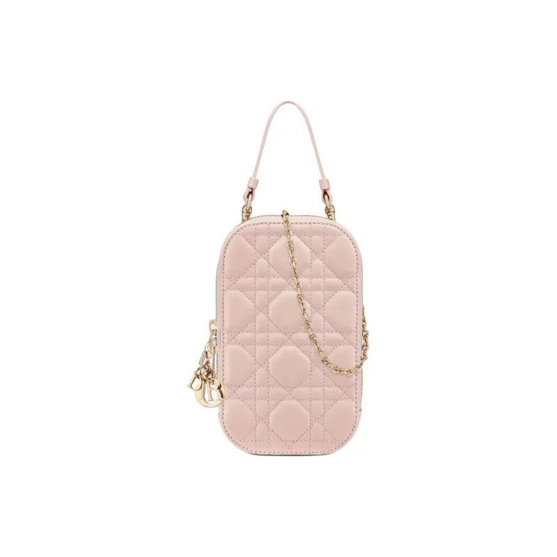 DIOR Lady Dior Lambskin Portable One Shoulder Crossbody Cell Phone Pouch Women's Light Pink-1