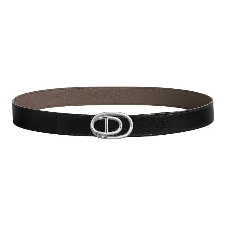 HERMES Solid Color Design Leather Belts Men's Black Width  3.2CM-0