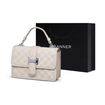 C°BANNER Cow Leather With Synthetic Leather Small Square Bag, Shoulder Bag, Crossbody Bag, Handbag Women's Ecru/Black