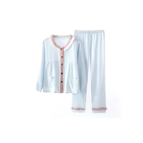 Sleep Students Dormitory, Home Pajama Set Women's Spring Fall Blue