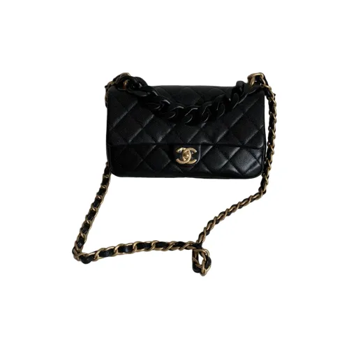 CHANEL Grained Embossed Cow Leather Square Fatty Shoulder Bag Crossbody Bag Large Size Women's Black