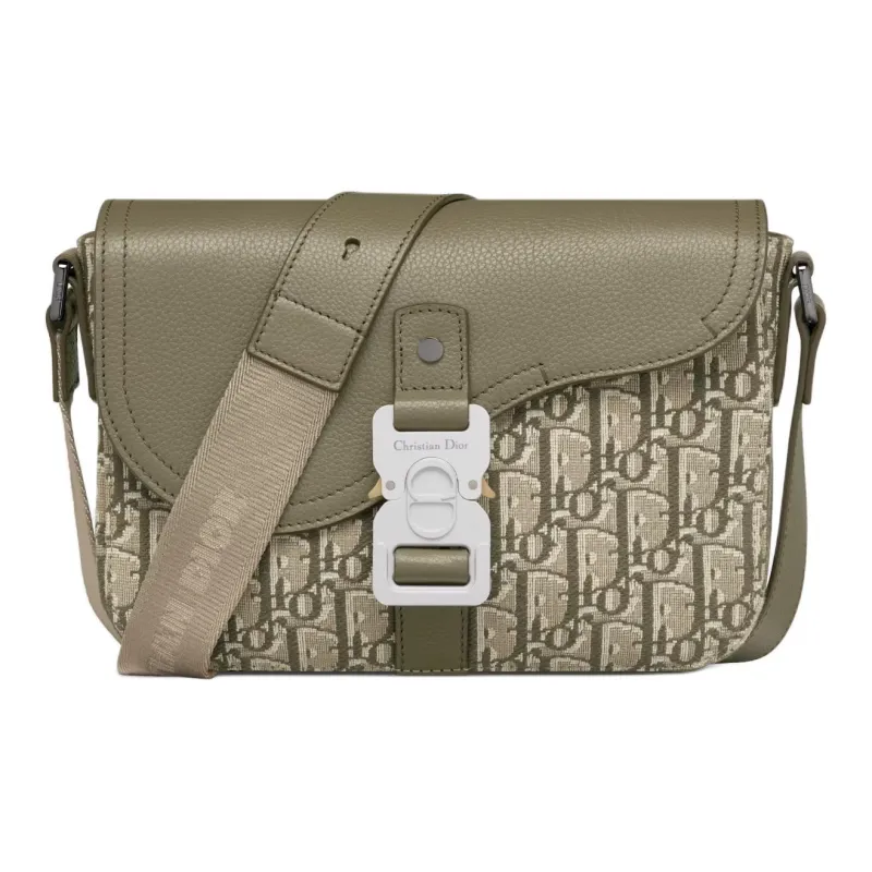 DIOR Oblique Print Grained Cow Leather Saddle Bag Messenger Bag Crossbody Bag Shoulder Bag Men's Khaki-1