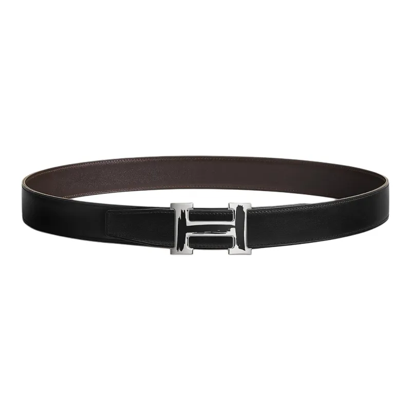HERMES Letter H Logo With Buckle Smooth Buckle Leather Belts Men's Black/Brown Width: 3.2cm-0