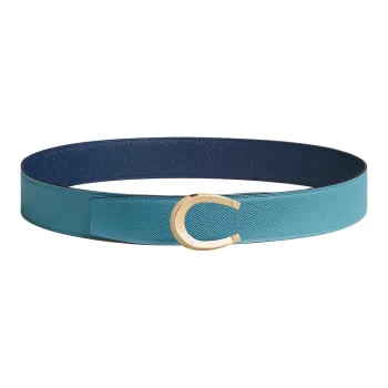 HERMES Horse Shoe Buckle Smooth Buckle Leather Belts Men's Light Blue/Blue Width: 3.8cm