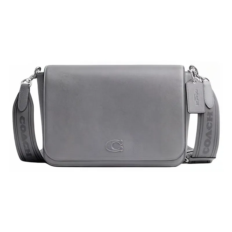 COACH Leather Paneled Canvas Messenger Bag, Crossbody Bag, Shoulder Bag Medium Size Unisex Gray Blue-0