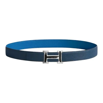 HERMES Letter H Buckle Smooth Buckle Leather Belts Men's Dark Blue/Blue Width: 3.2cm