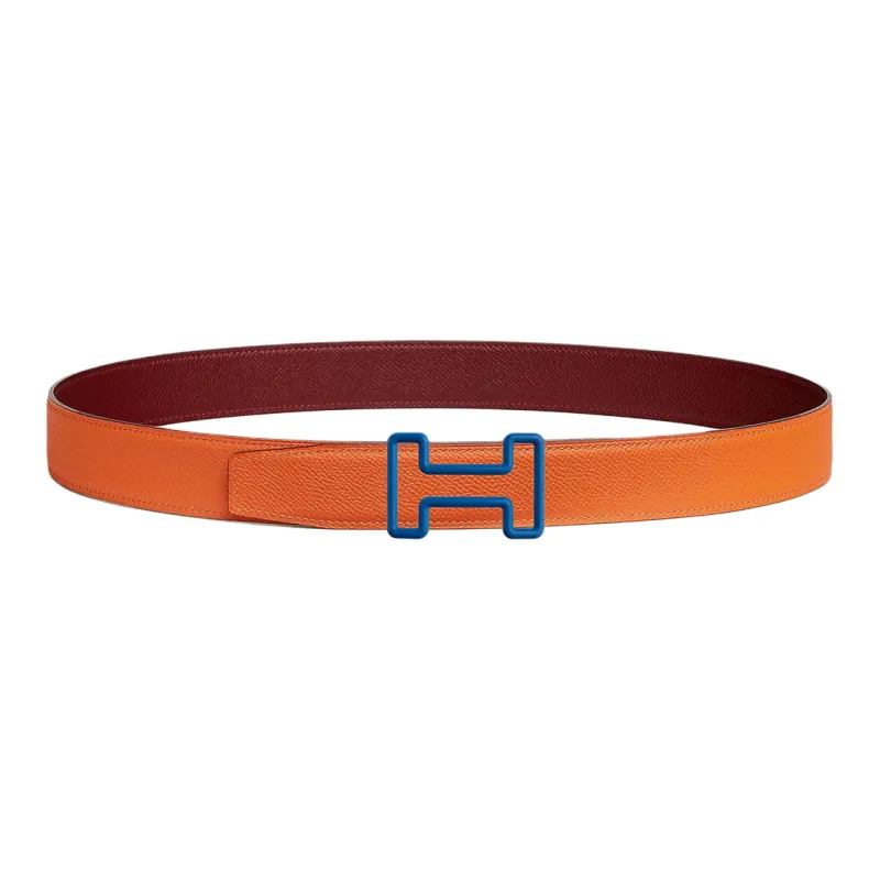 HERMES Cut-Out H Logo With Buckle Smooth Buckle Leather Belts Men's Red/Orange Width: 3.2cm-1