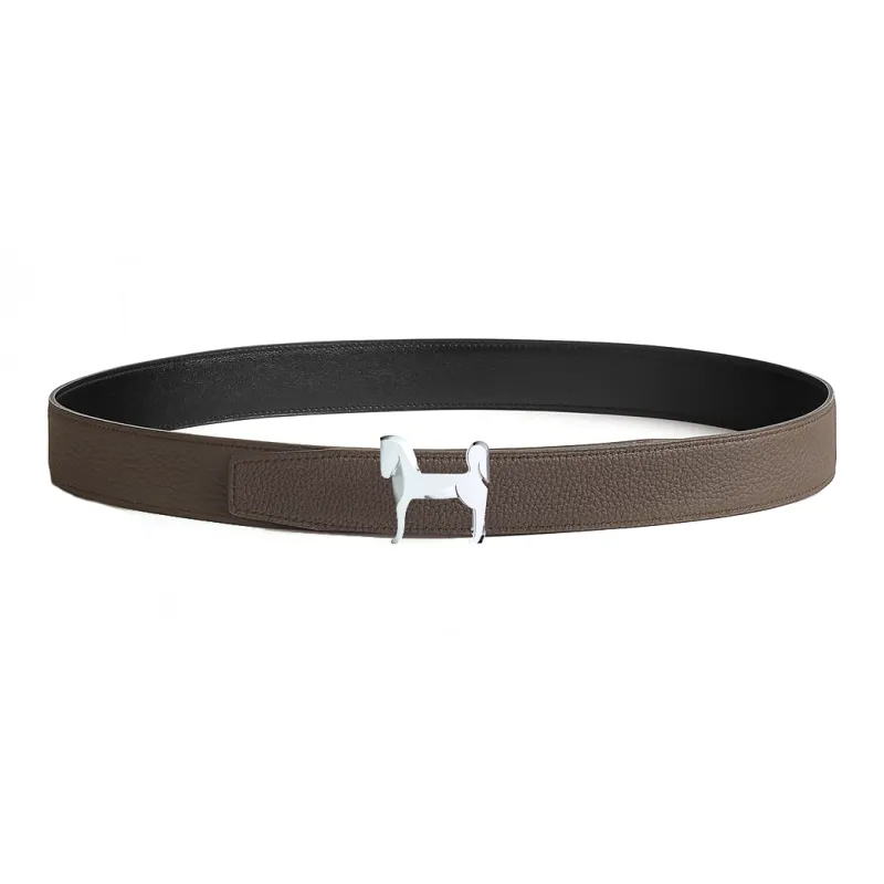 HERMES Small Horse Emblem Smooth Buckle Leather Belts Men's Brown Width: 3.2cm-0
