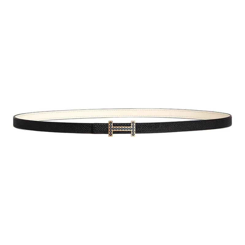 HERMES Letter H Logo Decoration Smooth Buckle Leather Belts Women's White/Black Width: 1.3cm-1