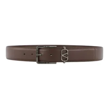 Valentino Logo Identification Leather Belts Men's Dark Brown Width 3.5CM