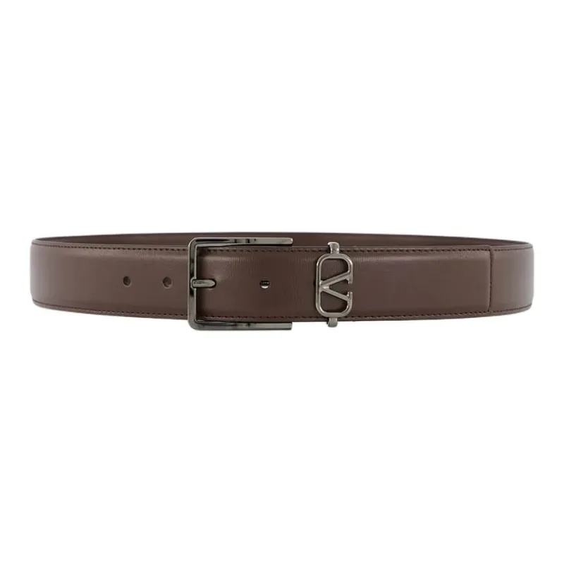 Valentino Logo Identification Leather Belts Men's Dark Brown Width 3.5CM-0