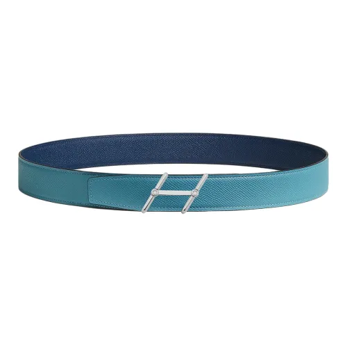 HERMES Slant H Logo, Smooth Buckle Leather Belts Men's Dark Blue/Light Blue Width 3.2cm