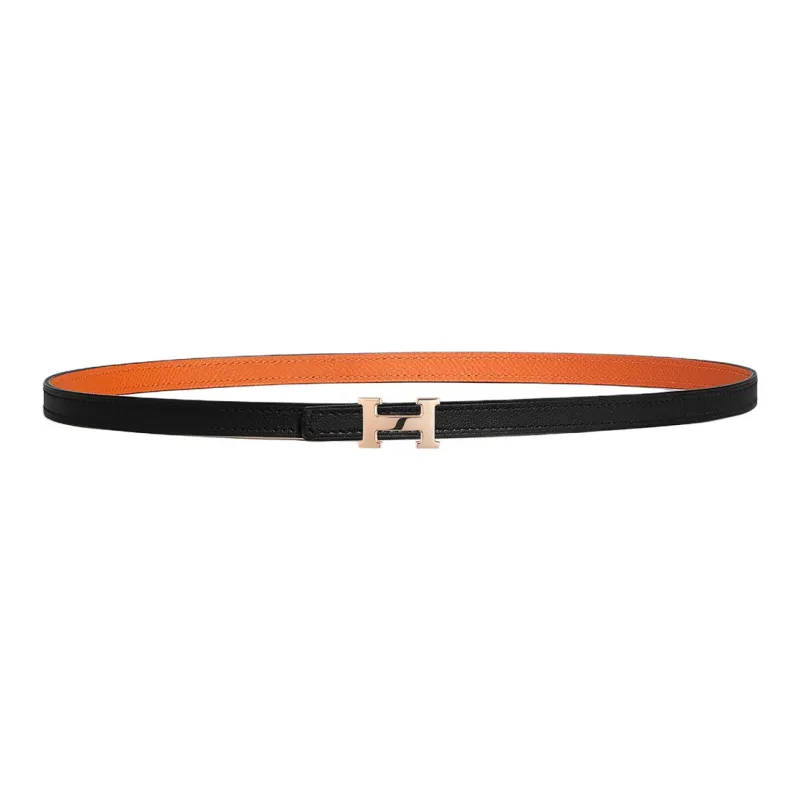 HERMES H Logo Buckle Smooth Buckle Leather Belts Women's Black/Orange Width: 1.3cm-0