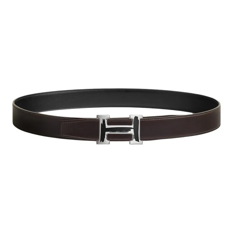 HERMES Letter H Logo With Buckle Smooth Buckle Leather Belts Men's Black/Brown Width: 3.2cm-1