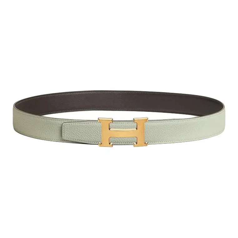 HERMES H-Type Double-Sided Smooth Buckle Leather Belts Men's Brown/Green Width: 3.2CM-0