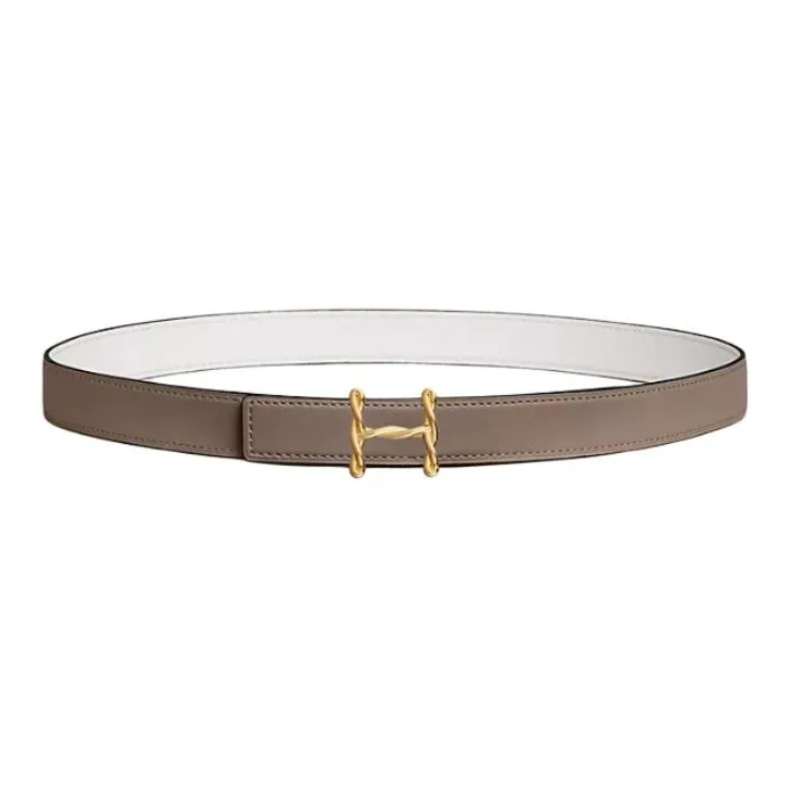 HERMES H Torsade Double-Sided Smooth Buckle Leather Belts Women's Brown/White Width 2.4CM-0