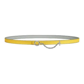 HERMES Double-Sided Lock Chain Design Leather Belts Women's Yellow/Gray Width 1.3CM