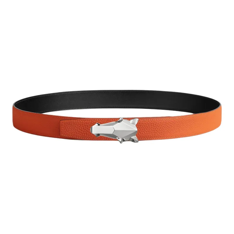 HERMES Horsehead Pattern With Buckle Smooth Buckle Leather Belts Men's Black/Orange Width: 3.2cm-1