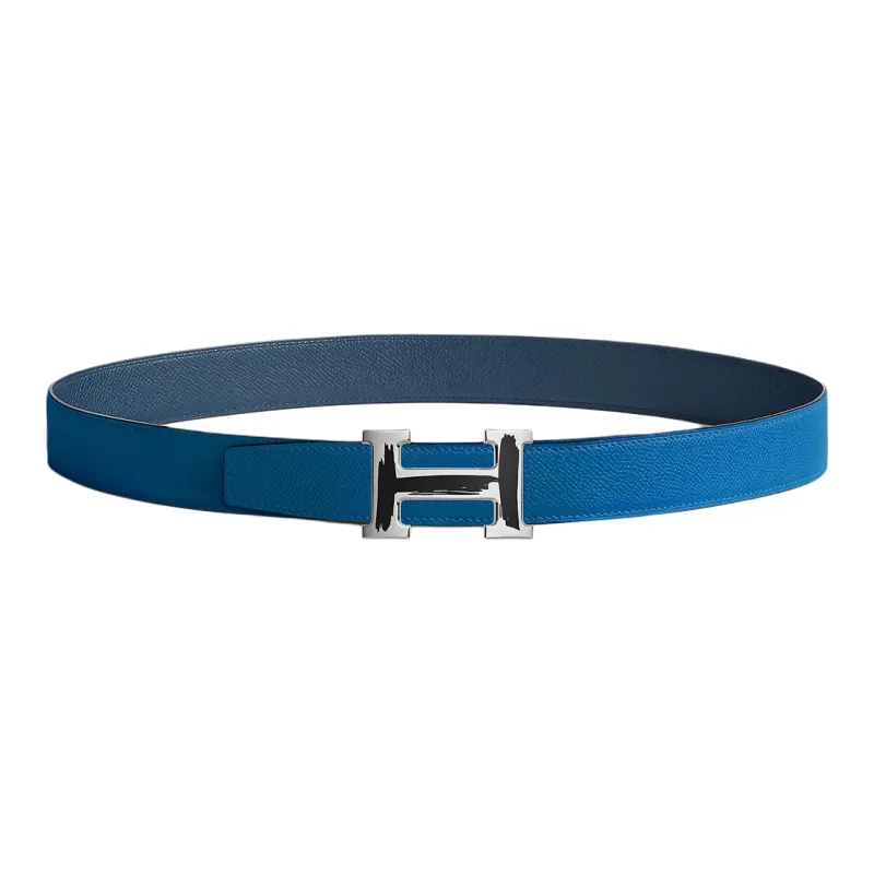 HERMES Letter H Buckle Smooth Buckle Leather Belts Men's Dark Blue/Blue Width: 3.2cm-1