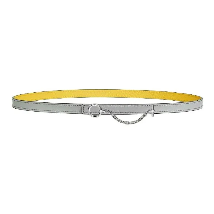 HERMES Double-Sided Lock Chain Design Leather Belts Women's Yellow/Gray Width 1.3CM-1