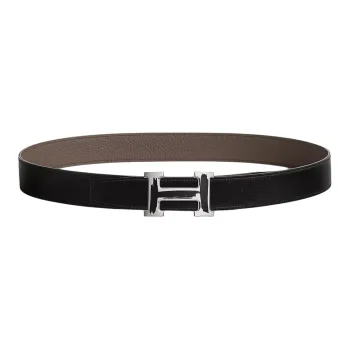 HERMES H Shaped Ornamental Buckle, Smooth Leather Belts Men's Black/Brown Width 3.2CM