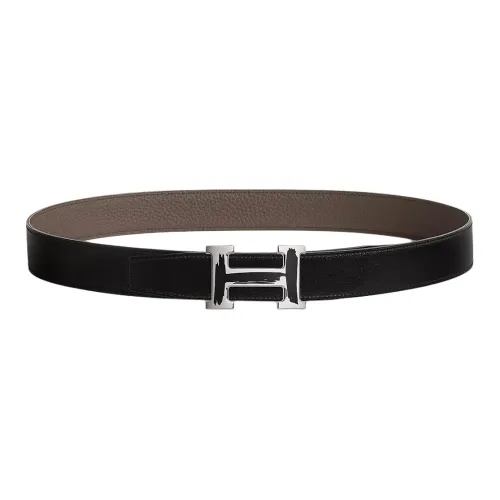 HERMES H Shaped Ornamental Buckle, Smooth Leather Belts Men's Black/Brown Width 3.2CM