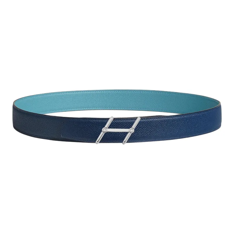 HERMES Slant H Logo, Smooth Buckle Leather Belts Men's Dark Blue/Light Blue Width 3.2cm-1