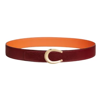 HERMES Horse Shoe Buckle Smooth Buckle Leather Belts Men's Red/Orange Width: 3.8cm