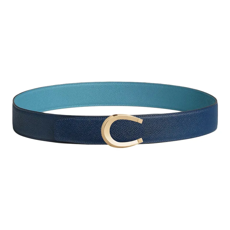 HERMES Horse Shoe Buckle Smooth Buckle Leather Belts Men's Light Blue/Blue Width: 3.8cm-1