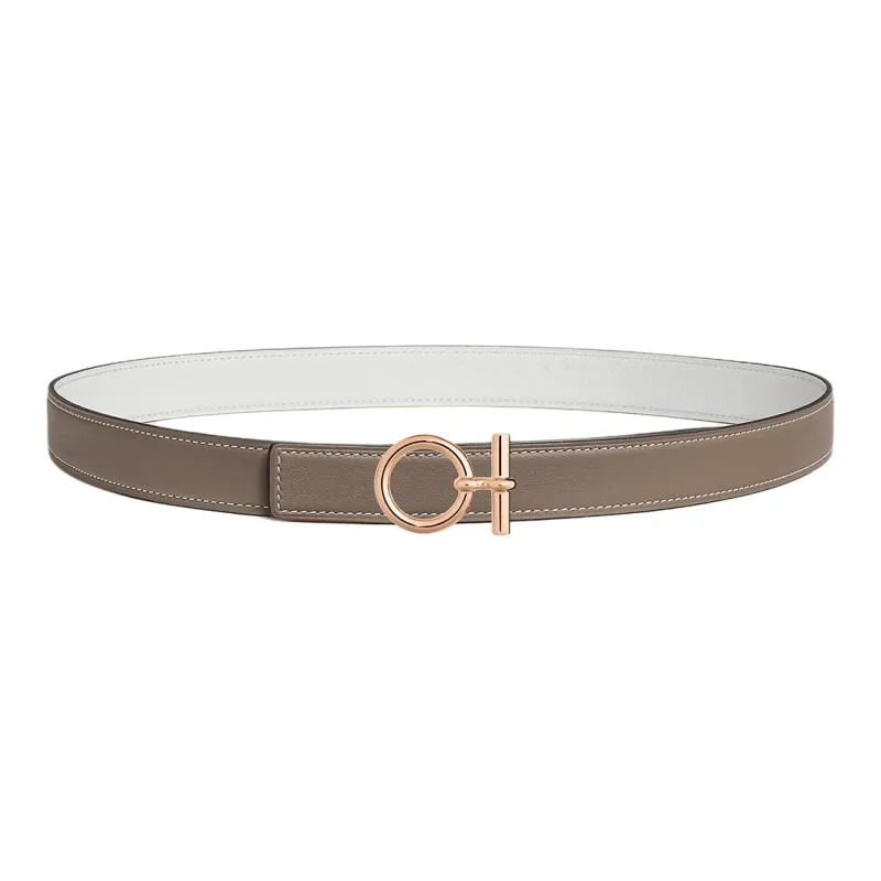 HERMES Pattern Buckle Smooth Buckle Leather Belts Women's Tan/White Width: 2.4cm-0