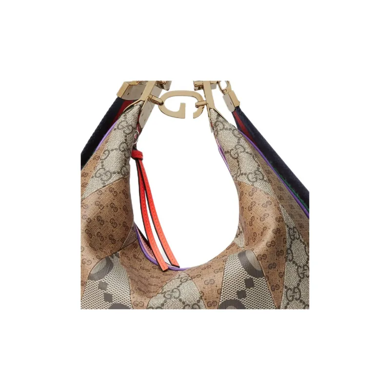 GUCCI Attache Multicolor Double G Patchwork Canvas Dumpling Bag, Portable Crossbody Bag, Shoulder Bag Women's-9