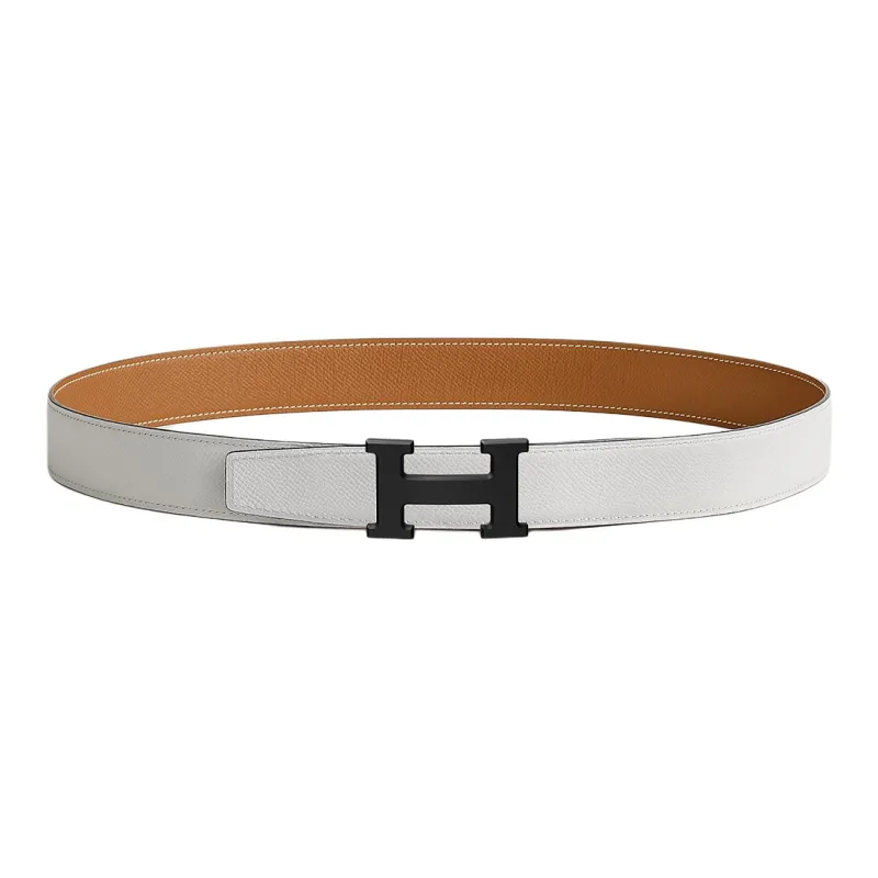 HERMES Matte H Letter With Buckle Smooth Buckle Leather Belts Men's White/Brown Width: 3.2cm-1