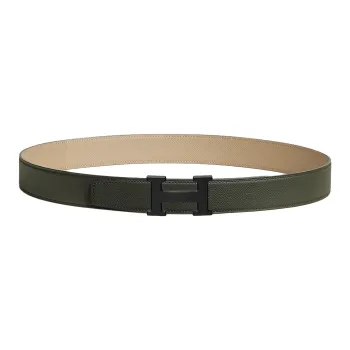 HERMES Double-Sided Design Smooth Buckle Leather Belts Men's Green/Beige Width: 3.2cm