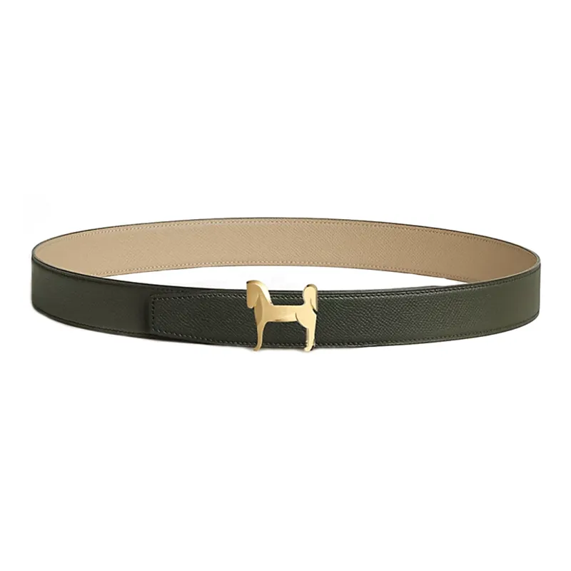 HERMES Steed Styling Leather Belts Men's Brown/Green Width: 3.2CM-1