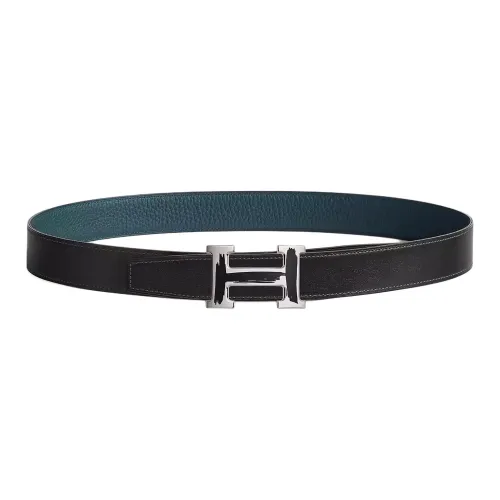 HERMES Letter H Label Leather Belts Men's Dark Blue Width  3.2cm