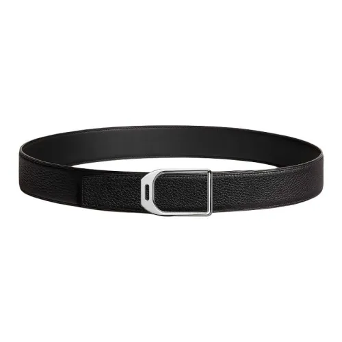 HERMES Double Sided Design Smooth Buckle Leather Belts Men's Black Width  3.8CM