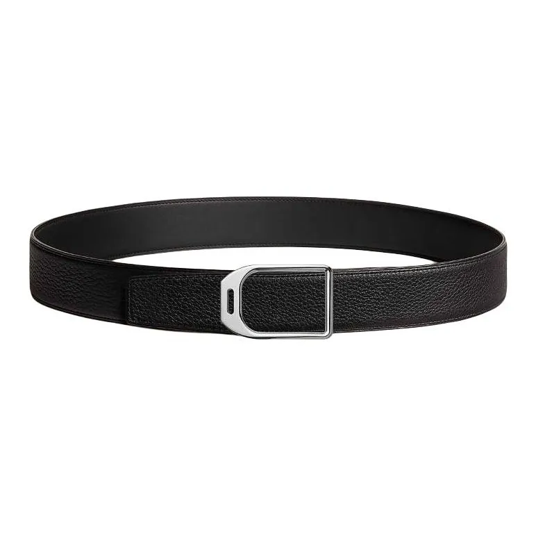 HERMES Double Sided Design Smooth Buckle Leather Belts Men's Black Width  3.8CM-0