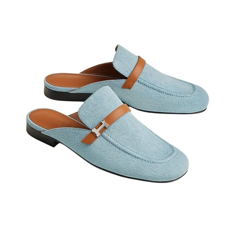HERMES Wrap toe Slippers Women's Blue-2