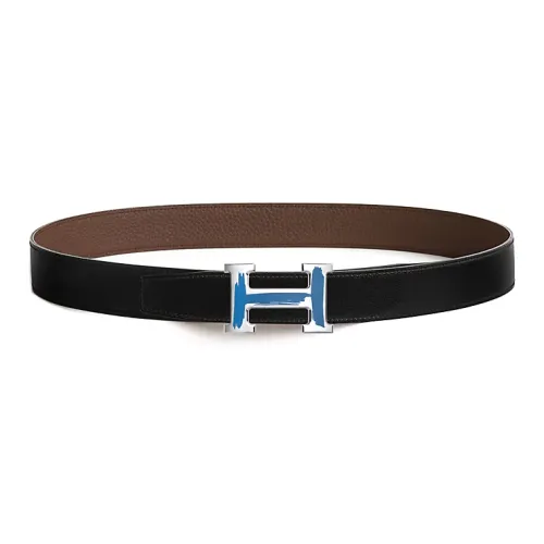 HERMES Lacquered Finish Brushed Smooth Buckle Leather Belts Men's Black Width: 3.2CM