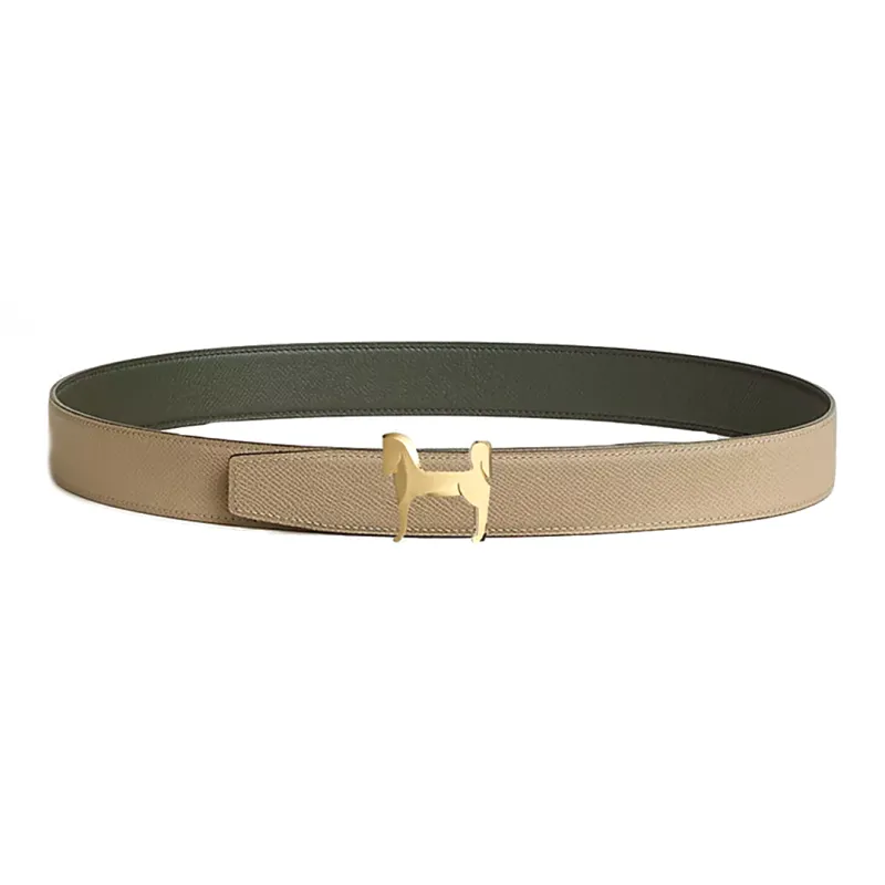HERMES Steed Styling Leather Belts Men's Brown/Green Width: 3.2CM-0