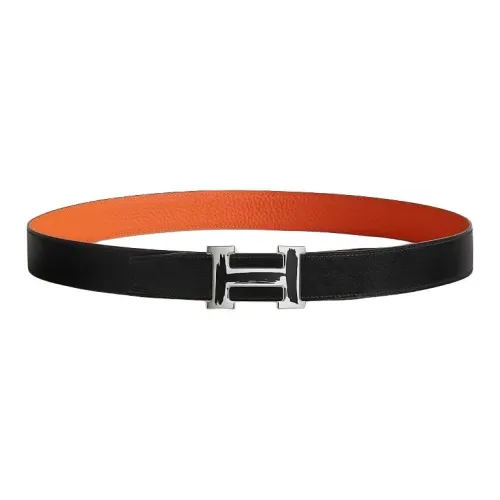 HERMES H-Shaped Lacquered Finish Brushed Smooth Buckle Leather Belts Men's Black/Orange Width: 3.2CM