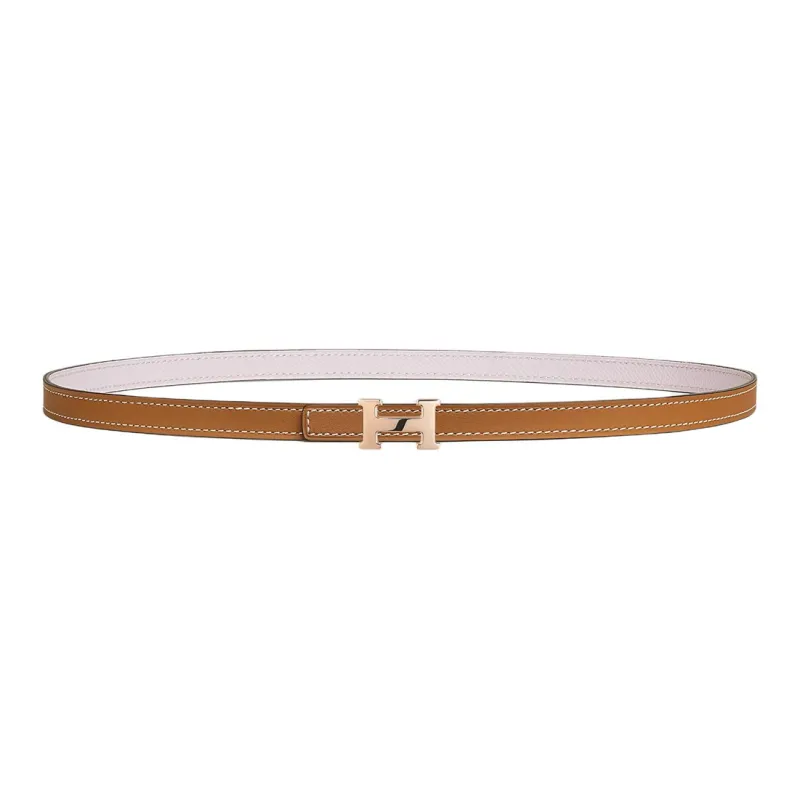 HERMES H Letter Shape Buckle, Smooth Buckle Leather Belts Women's Light Purple/Brown Width 1.3cm-0