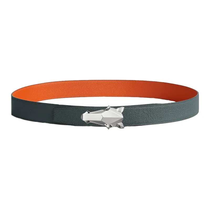 HERMES Horse Head Styling Leather Belts Men's Gray/Orange Width: 3.2CM-1