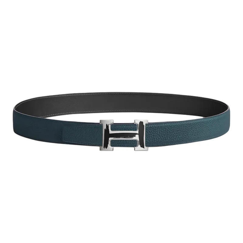 HERMES Letter H Label Leather Belts Men's Dark Blue Width  3.2cm-1