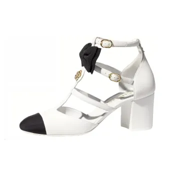 CHANEL Chunky Heel Mary Jane Shoes 6.5cm Women's White