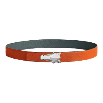 HERMES Horse Head Styling Leather Belts Men's Gray/Orange Width: 3.2CM