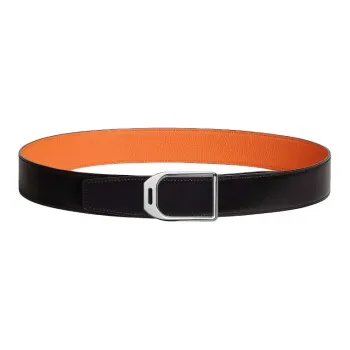HERMES Stirrups With Styling Smooth Buckle Leather Belts Men's Black/Orange Width: 3.8CM