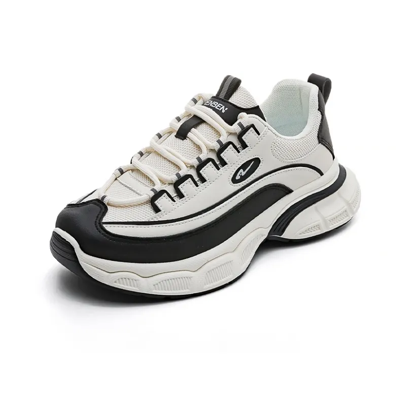 RENBEN Wear Resistant Breathable Lightweight Height Increasing Low Top Chunky Sneakers Women's Beige Black-2